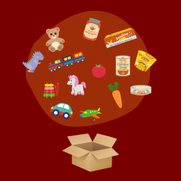 cartoon circle containing food and toys for packing in a box