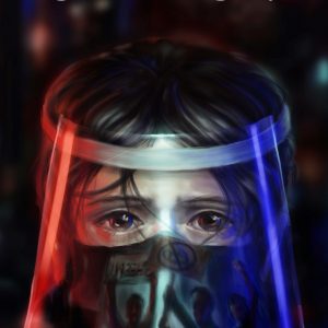 Illustration of person wearing face shield with reflections of protesters.
